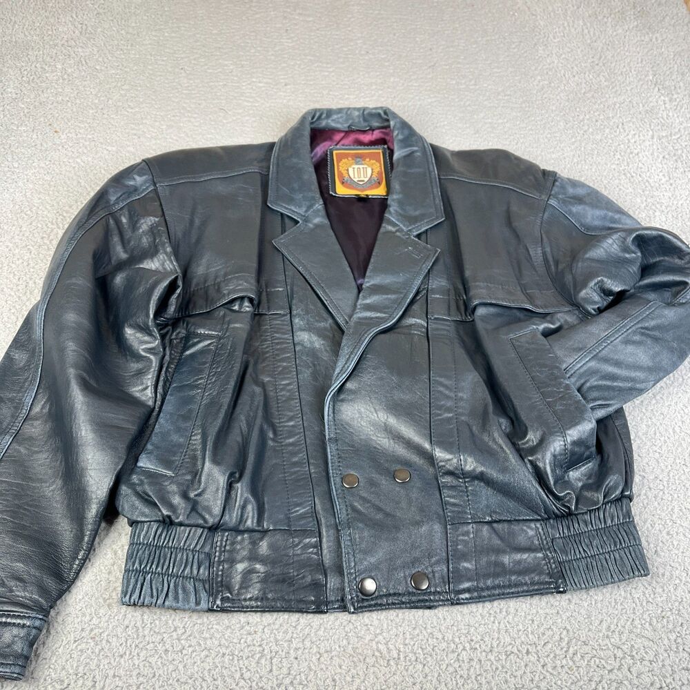 LEATHER COLLECTION  Jacket Mens Medium Black Lined Collar Snaps I.O.U. Vintage